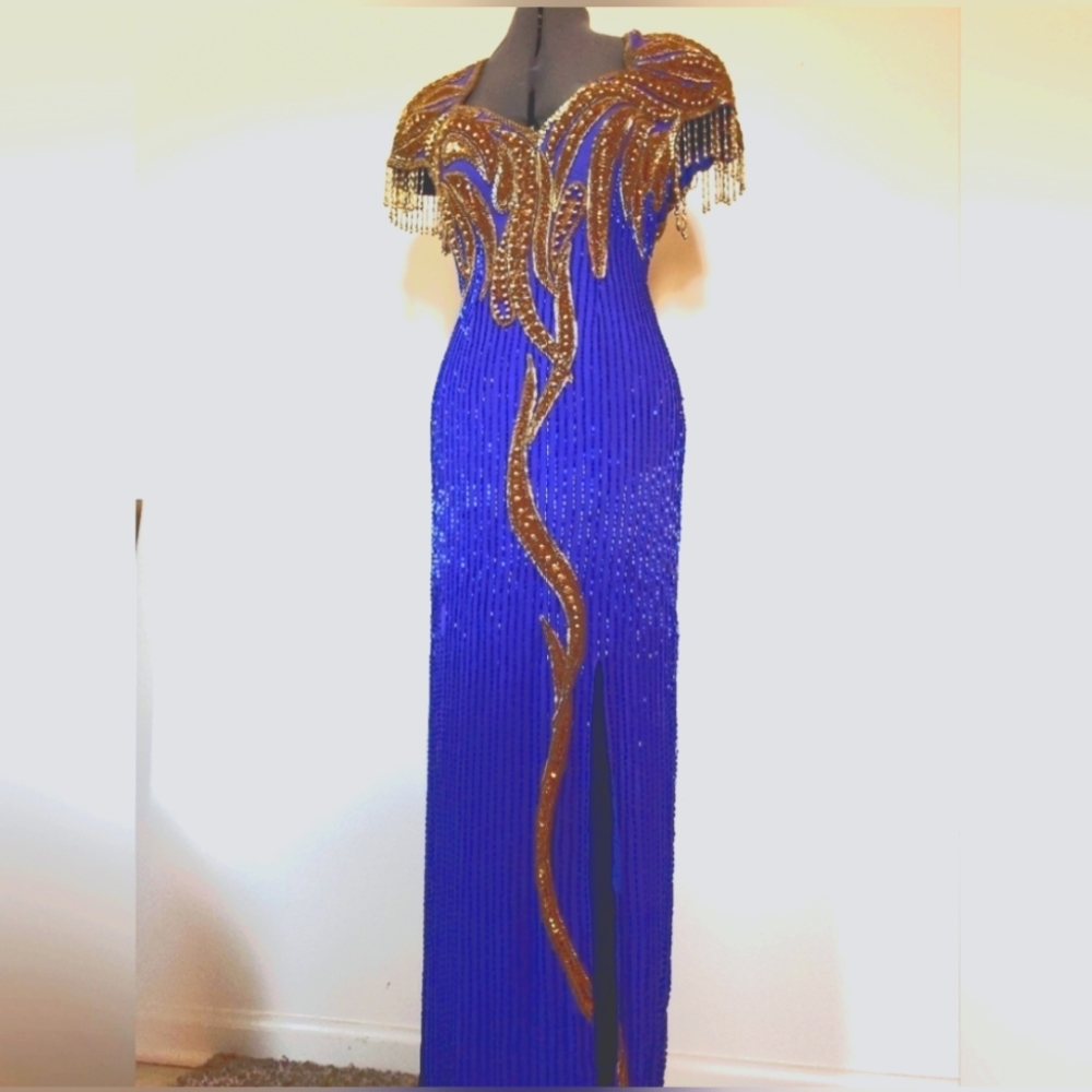Vintage Indigo and gold beaded applique gown